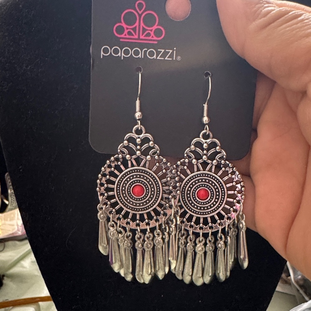 Paparazzi Silver Earrings with Red Accents